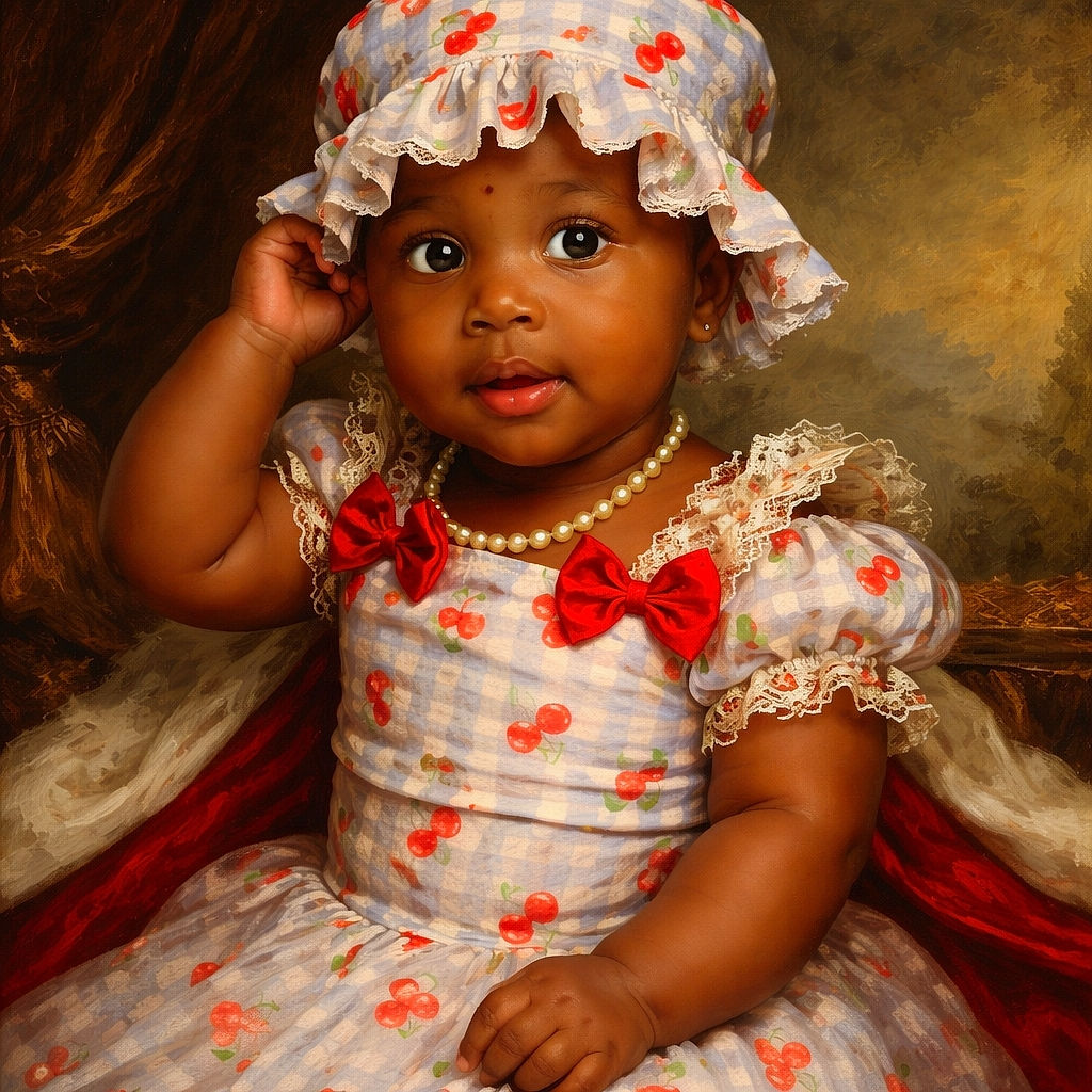A cute baby wearing a cherry-patterned hat and matching swimsuit sits on a cozy bed surrounded by fluffy white pillows, looking curiously to the side while touching their hat, radiating adorable charm and innocence.