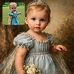 A curious toddler in a blue dress stands barefoot on a lush green lawn, looking intently at the camera with big, wide eyes, surrounded by a serene park background.