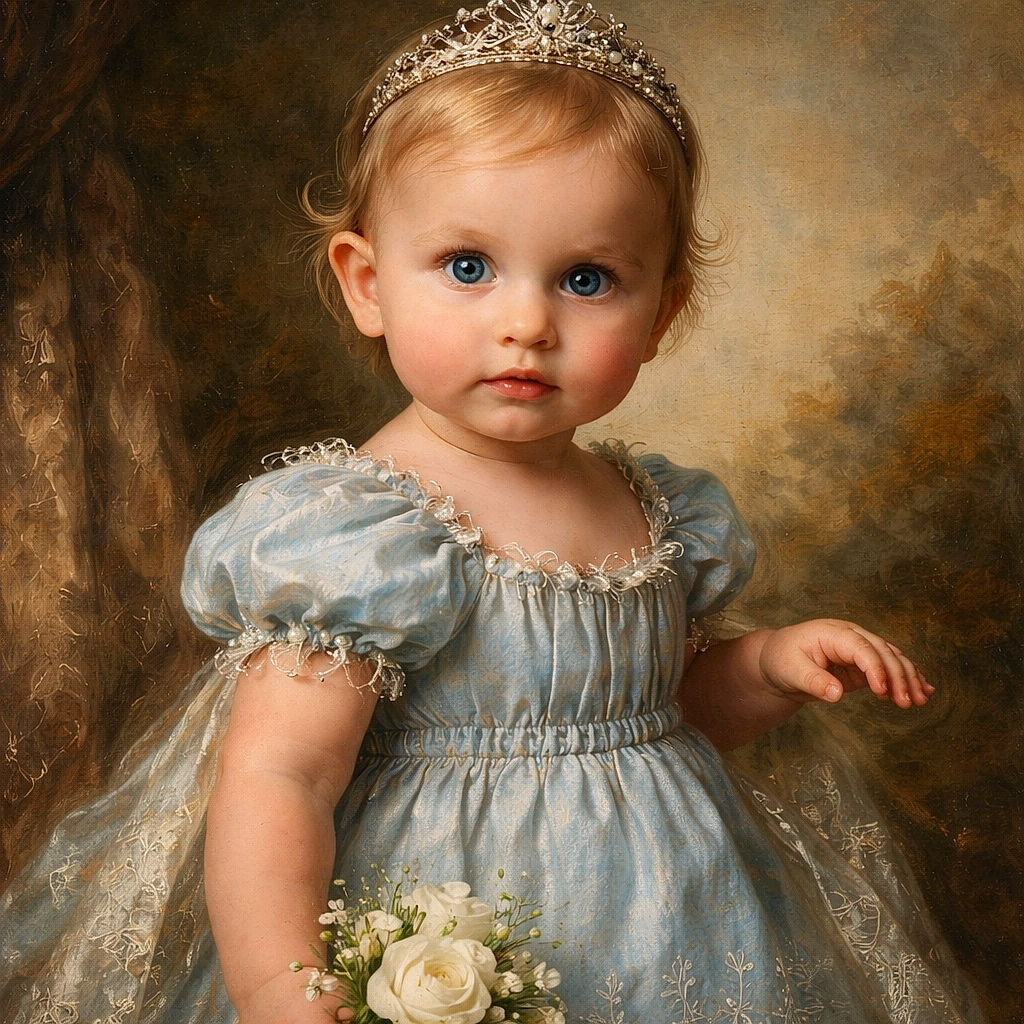 A curious toddler in a blue dress stands barefoot on a lush green lawn, looking intently at the camera with big, wide eyes, surrounded by a serene park background.