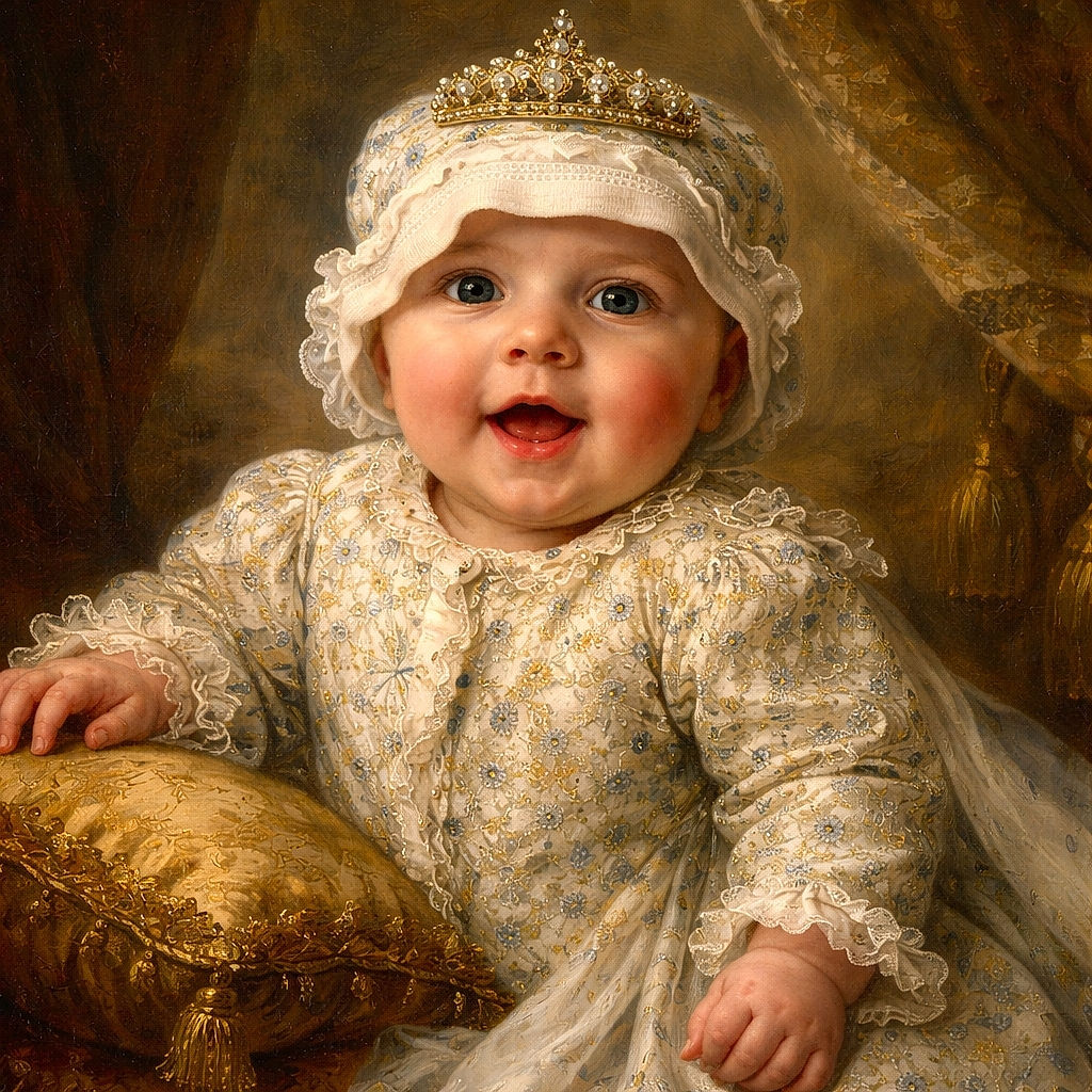 A wide‑eyed three‑month‑old surprise face steals the show — bundled in a tiny floral sleeper and a snug hat, lying on a milestone muslin that proudly announces "3 months". One arm is mid-flail like an excited tiny astronaut, the other relaxed, while the round cheeks and open mouth give pure goofy charm.