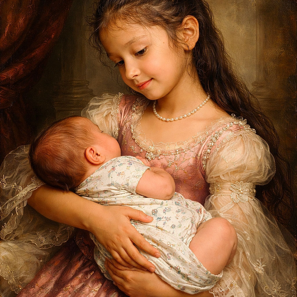 A tender moment captured as a young girl lovingly cradles a newborn baby, both lost in their own peaceful worlds. The cozy indoor setting with a colorful hammock in the background adds warmth and charm to the scene.
