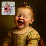 A joyful baby with eyes squeezed shut and mouth wide open in a hearty laugh, dressed in a cute 'princess' onesie, lying comfortably on a patterned cushion with a softly blurred background.