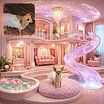 A tiny dog dressed in a delicate pastel tutu stands on a wooden floor, looking intently to the side with big, expressive eyes, as if ready to dance or steal the show at a pet fashion event.