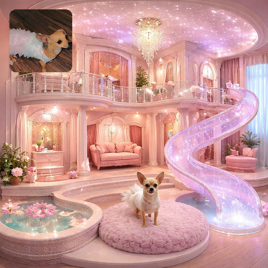 A tiny dog dressed in a delicate pastel tutu stands on a wooden floor, looking intently to the side with big, expressive eyes, as if ready to dance or steal the show at a pet fashion event.
