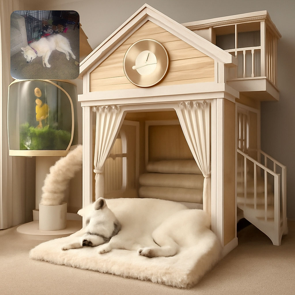 A sleepy white dog with a purple collar lies sprawled on a carpeted floor next to a beige couch and a black metal crate filled with various items and toys. The photo has a casual, snapshot feel with visible text overlay from the camera app in the bottom left corner.