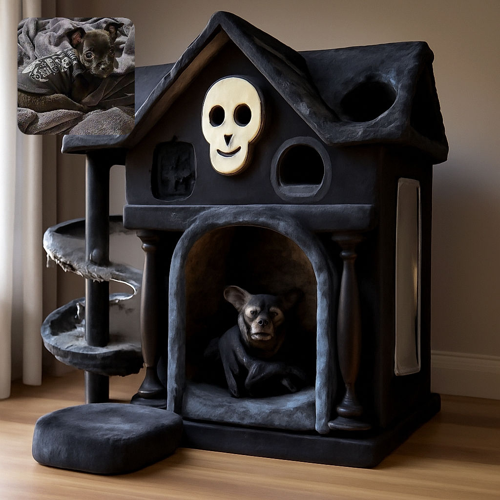 A tiny dog wrapped snugly in a cozy gray blanket, wearing a cute black shirt with skull and bone designs, looking up with big, shiny eyes full of curiosity and innocence.