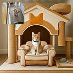 A curious orange and white kitten sits upright on a wood-patterned floor, looking intently at something off-camera. The cozy indoor setting includes a cat tree, a pet carrier with blankets inside, and a comfortable couch. A colorful shoe with floral patterns is partially visible in the foreground, adding a quirky touch to the scene.