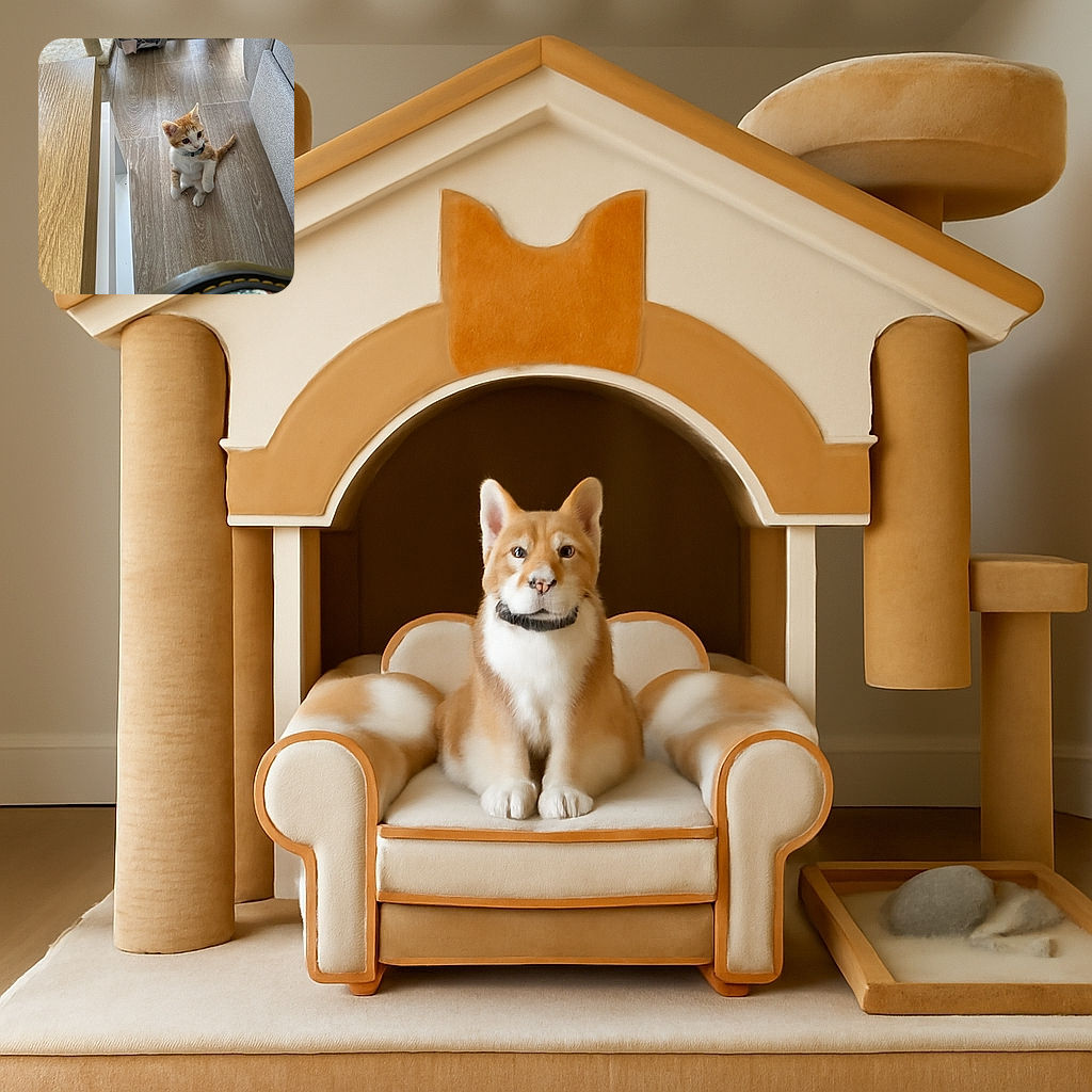 A curious orange and white kitten sits upright on a wood-patterned floor, looking intently at something off-camera. The cozy indoor setting includes a cat tree, a pet carrier with blankets inside, and a comfortable couch. A colorful shoe with floral patterns is partially visible in the foreground, adding a quirky touch to the scene.