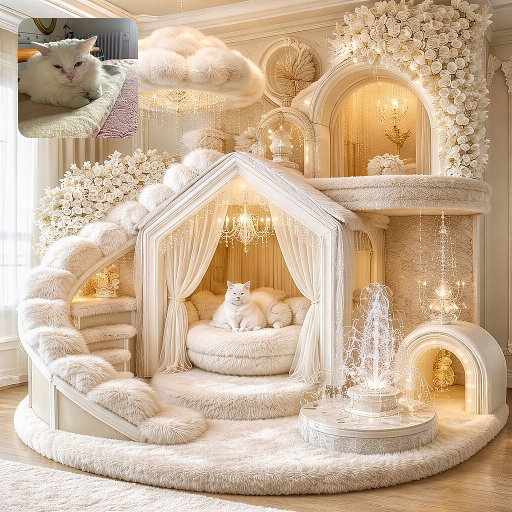 A fluffy white cat lounges on a soft beige blanket atop a textured pink bedspread, looking slightly unimpressed but cozy in a softly lit room with a mirror and radiator in the background.