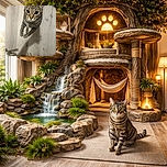 A curious tabby cat with large, expressive eyes is captured mid-step on a light wooden floor, looking up as if expecting a treat or some attention. The photo has a cozy indoor vibe with a hint of a colorful rug and a green plant leaf in the corner.