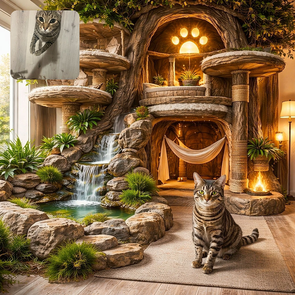 A curious tabby cat with large, expressive eyes is captured mid-step on a light wooden floor, looking up as if expecting a treat or some attention. The photo has a cozy indoor vibe with a hint of a colorful rug and a green plant leaf in the corner.