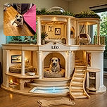 A scruffy little dog sits proudly on the hardwood floor, gazing up like it has just been promoted to head of household security. A giant pink play mat and toy-filled furniture complete the cheerful indoor scene.