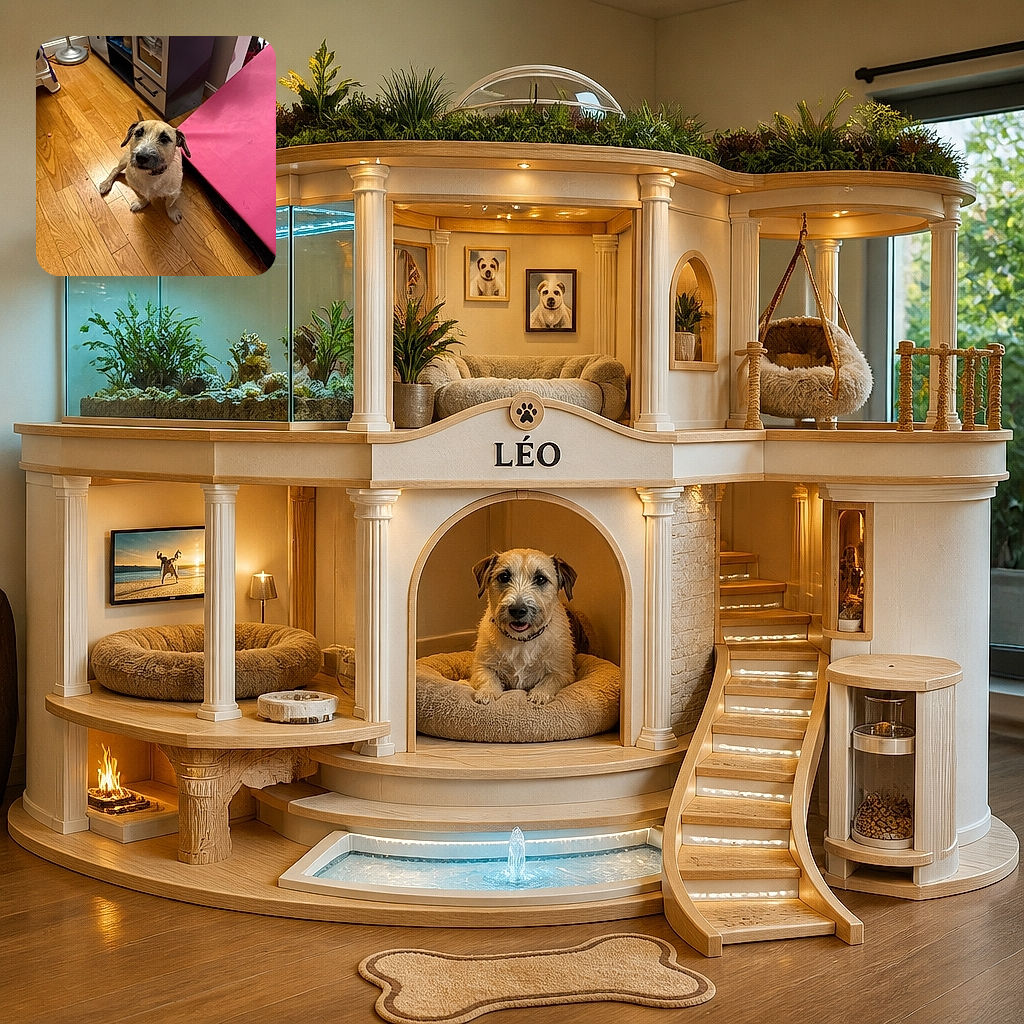A scruffy little dog sits proudly on the hardwood floor, gazing up like it has just been promoted to head of household security. A giant pink play mat and toy-filled furniture complete the cheerful indoor scene.
