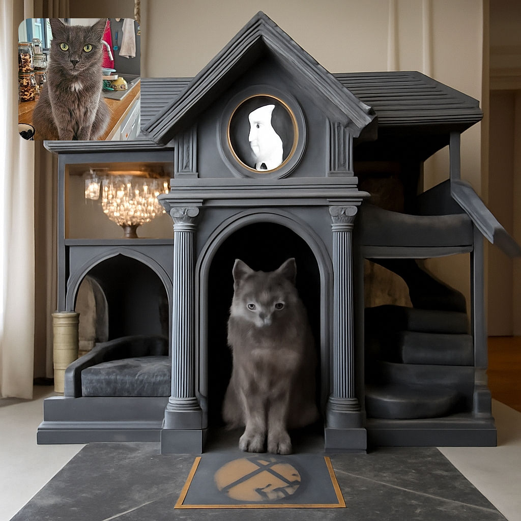 A fluffy gray cat with striking yellow-green eyes sits majestically on a wooden kitchen counter, surrounded by jars of nuts and kitchen utensils, giving off an air of quiet kitchen royalty.