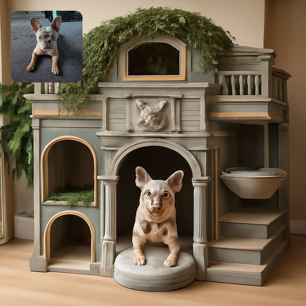A curious French Bulldog puppy with striking blue and brown eyes lies on a grey carpet, staring intently at the camera with its large ears perked up, surrounded by a slightly messy indoor setting with a dog crate in the background.