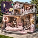 A serious-looking dog sporting a studded pink collar and a harness with reflective strips, sitting inside a vehicle with a focused gaze out the window, ready for an adventure or a drive.