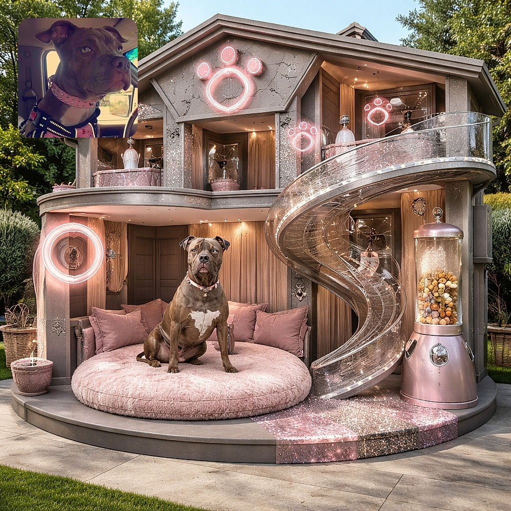 A serious-looking dog sporting a studded pink collar and a harness with reflective strips, sitting inside a vehicle with a focused gaze out the window, ready for an adventure or a drive.
