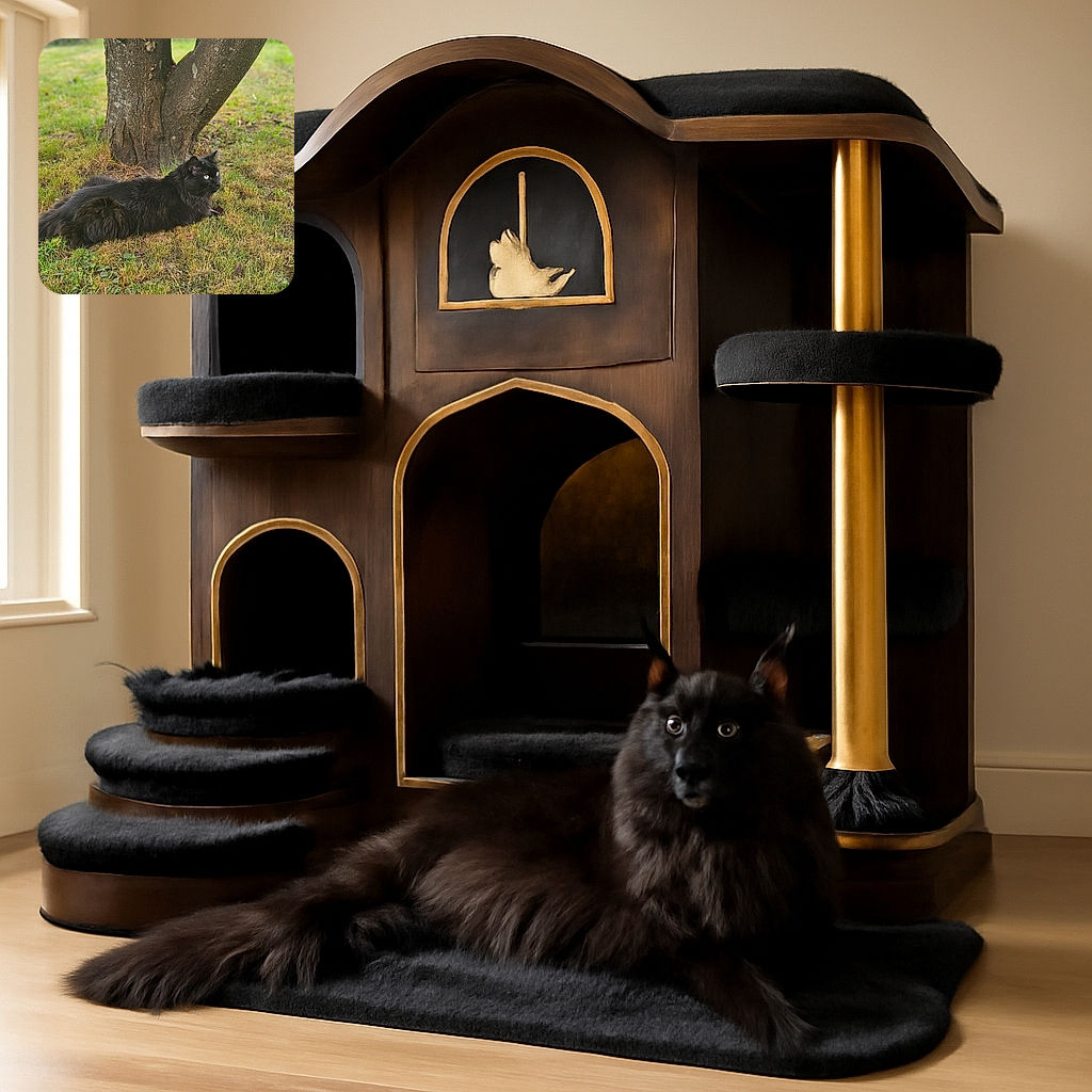 A majestic fluffy black cat lounges comfortably on the grassy ground beside a tree trunk, its bright eyes gazing intently into the distance as if plotting world domination or just waiting for dinner.