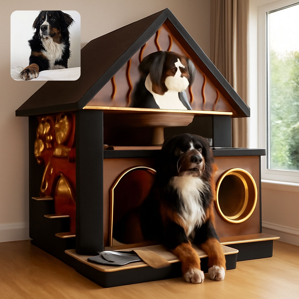 A regal Bernese Mountain Dog lounges with a calm and thoughtful expression, one paw reaching forward on a cozy white blanket, set against a simple white background that highlights its fluffy tri-colored fur.