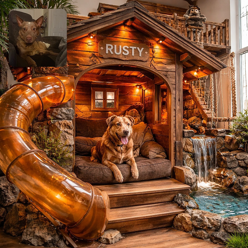 A noble couch monarch (a very serious brown dog) stares into the camera with ears like satellite dishes and the kind of calm judgment only earned by being allowed on all the furniture. Background shows a cozy living room, a door, and leashes hanging like tiny trophies of past walks.