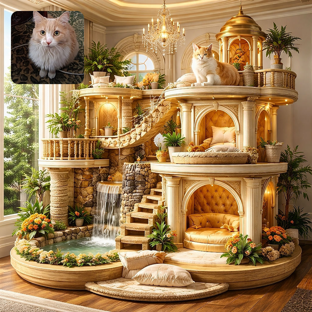 A fluffy orange-and-white cat sits like a tiny lion looking straight up with giant round eyes and twitchy whiskers — perched on a patterned rug next to a wooden table, giving the exact expression of polite indignation (or impending head boop).