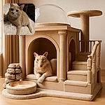 A cozy orange tabby cat lounges comfortably on a fluffy white rug, looking curiously at the camera with soft lighting and a homey background featuring a chair and some household items.
