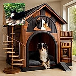 A fluffy black and brown dog lounges on a patch of dirt surrounded by green grass, looking attentively at the camera as if guarding its outdoor kingdom. A wooden post and some tangled blue wires add a rustic charm to this casual backyard scene.