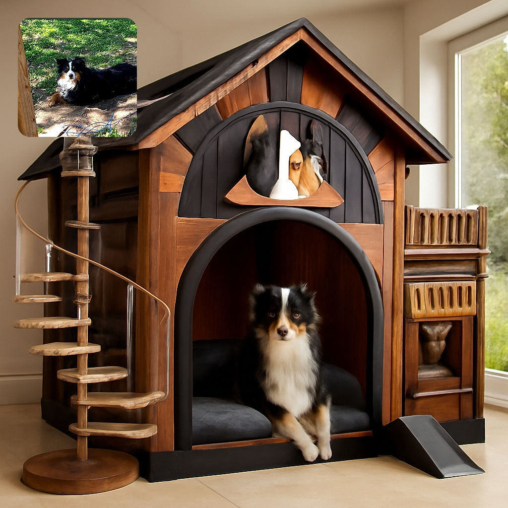 A fluffy black and brown dog lounges on a patch of dirt surrounded by green grass, looking attentively at the camera as if guarding its outdoor kingdom. A wooden post and some tangled blue wires add a rustic charm to this casual backyard scene.