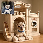 A cute little pug puppy with a blue collar is resting on someone's lap, looking curiously into the camera with big soulful eyes in a cozy indoor setting.