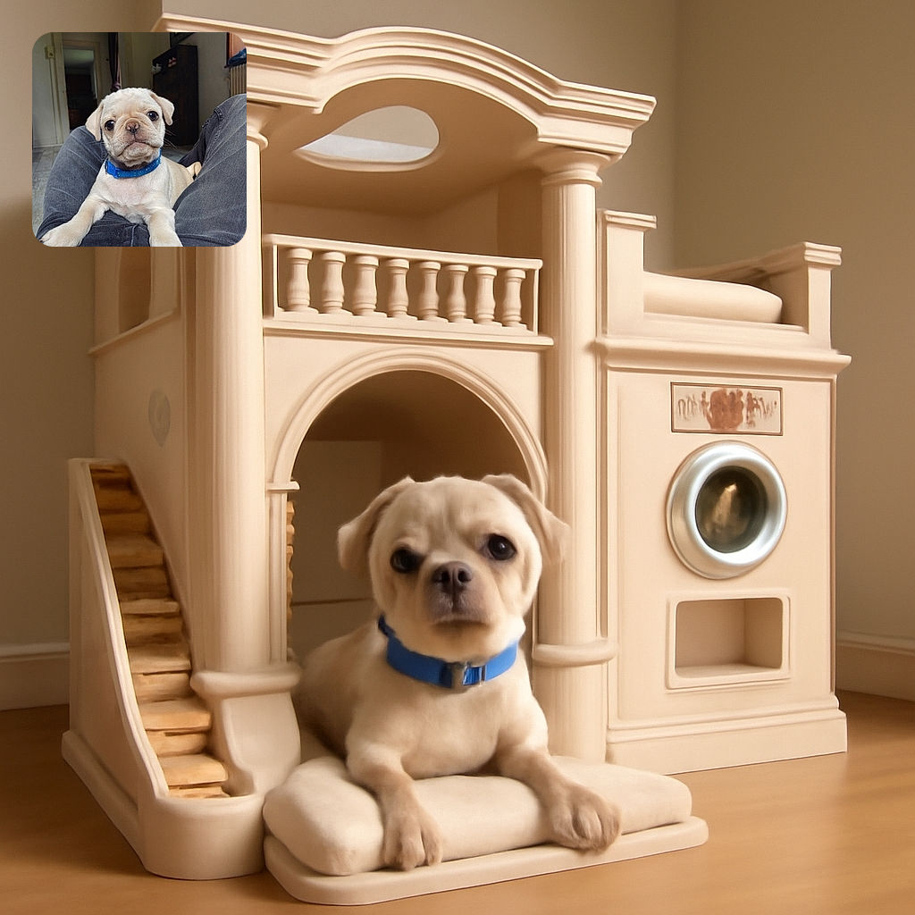 A cute little pug puppy with a blue collar is resting on someone's lap, looking curiously into the camera with big soulful eyes in a cozy indoor setting.