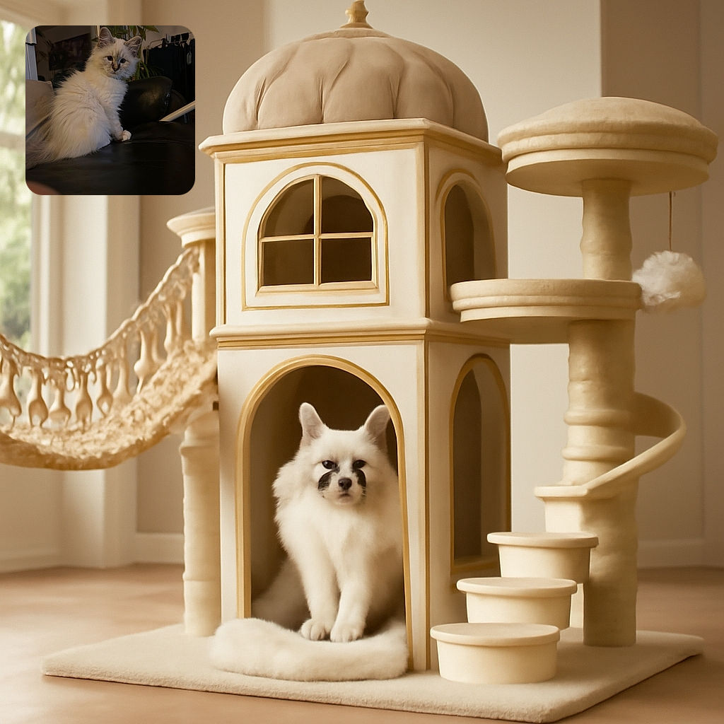 A fluffy white kitten with dark markings on its face sits gracefully on a black leather couch, surrounded by indoor plants and cozy home elements, looking curiously at the camera with soft lighting creating a warm atmosphere.