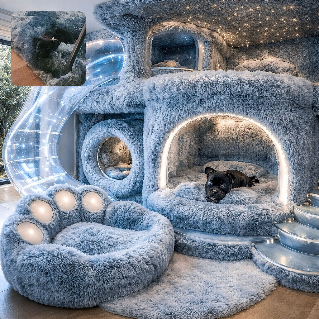 A tiny black puppy burrowed into a shaggy blue rug, peeking up with curious eyes and a little bow — looks like it claimed the fluffiest throne in the house.