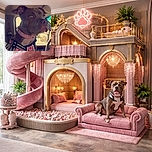 A serious-looking dog sporting a studded pink collar and a harness with reflective strips, sitting inside a vehicle with a focused gaze out the window, ready for an adventure or a drive.