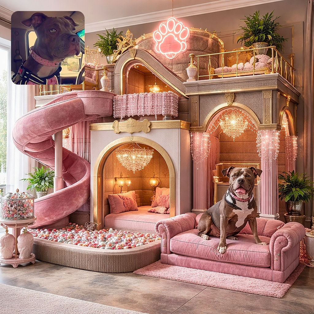 A serious-looking dog sporting a studded pink collar and a harness with reflective strips, sitting inside a vehicle with a focused gaze out the window, ready for an adventure or a drive.