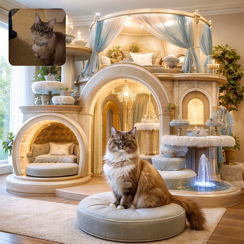 A wide-eyed floof looks up expectantly like you owe it snacks or an apology — blue collar jingling, whiskers on alert, sitting on carpeted territory with a trash bin and a skateboard wheel lurking in the background.