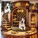 A charming brindle and white dog lounges comfortably on a plush green blanket with a tufted leather chair in the background, looking directly at the camera with attentive ears and soulful eyes.