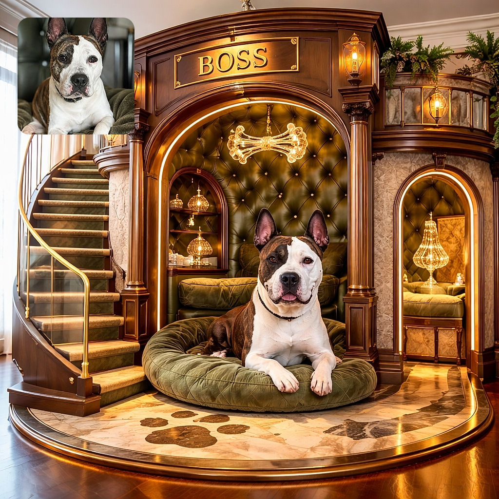 A charming brindle and white dog lounges comfortably on a plush green blanket with a tufted leather chair in the background, looking directly at the camera with attentive ears and soulful eyes.