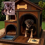 A curious puppy with soulful eyes and a mix of brown and tan fur looks straight into the camera, sitting on a dirt ground next to some green grass and a metal fence, ready to melt hearts everywhere.