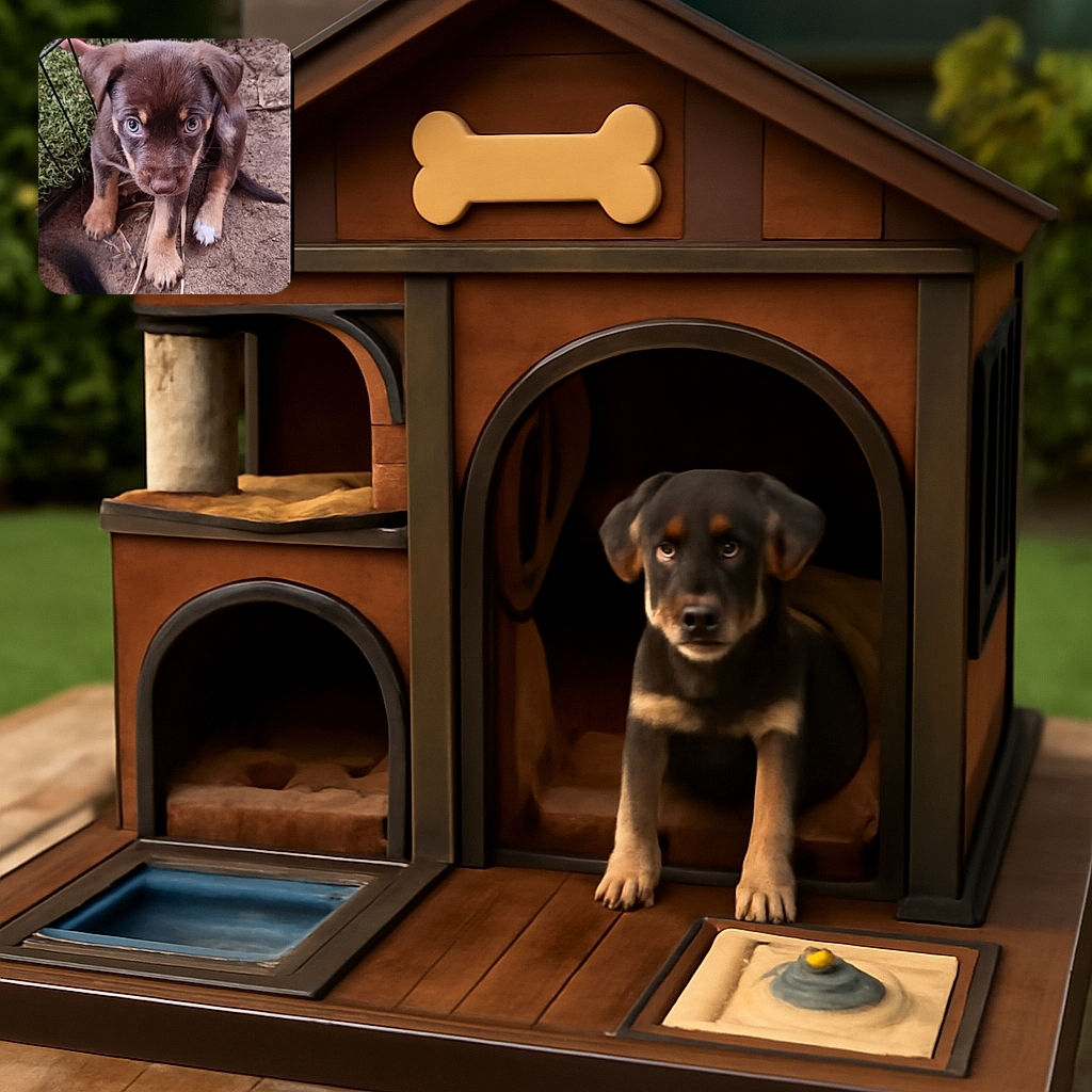 A curious puppy with soulful eyes and a mix of brown and tan fur looks straight into the camera, sitting on a dirt ground next to some green grass and a metal fence, ready to melt hearts everywhere.