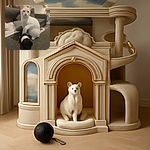 A white cat with light orange ears is sitting on a gray couch, pawing at a black knitted object that looks like a small plush toy or roll of yarn, in a cozy living room setting with soft lighting and comfy cushions.