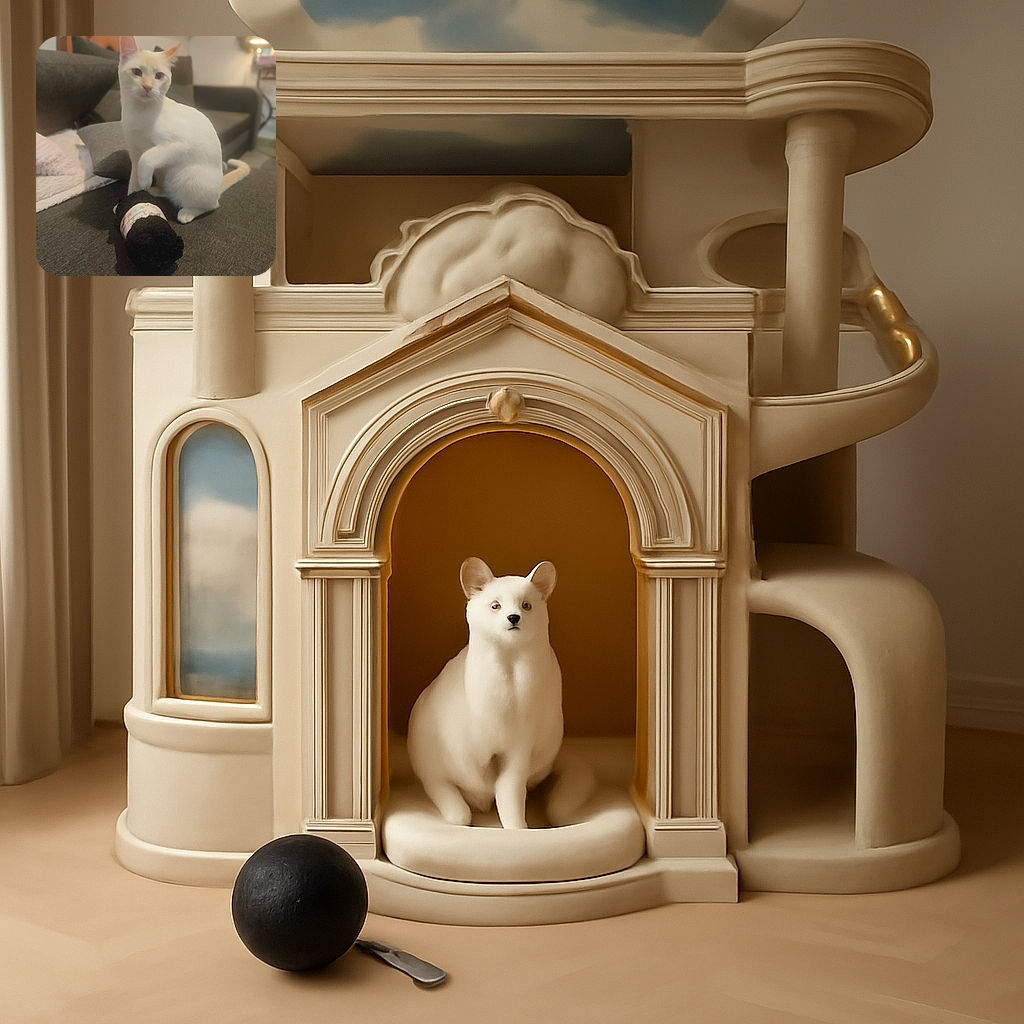 A white cat with light orange ears is sitting on a gray couch, pawing at a black knitted object that looks like a small plush toy or roll of yarn, in a cozy living room setting with soft lighting and comfy cushions.