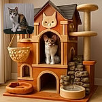 A curious calico cat with big round eyes sits attentively on a dark surface against a plain white paneled wall, looking like it's ready to pounce on invisible prey or demand some treats.