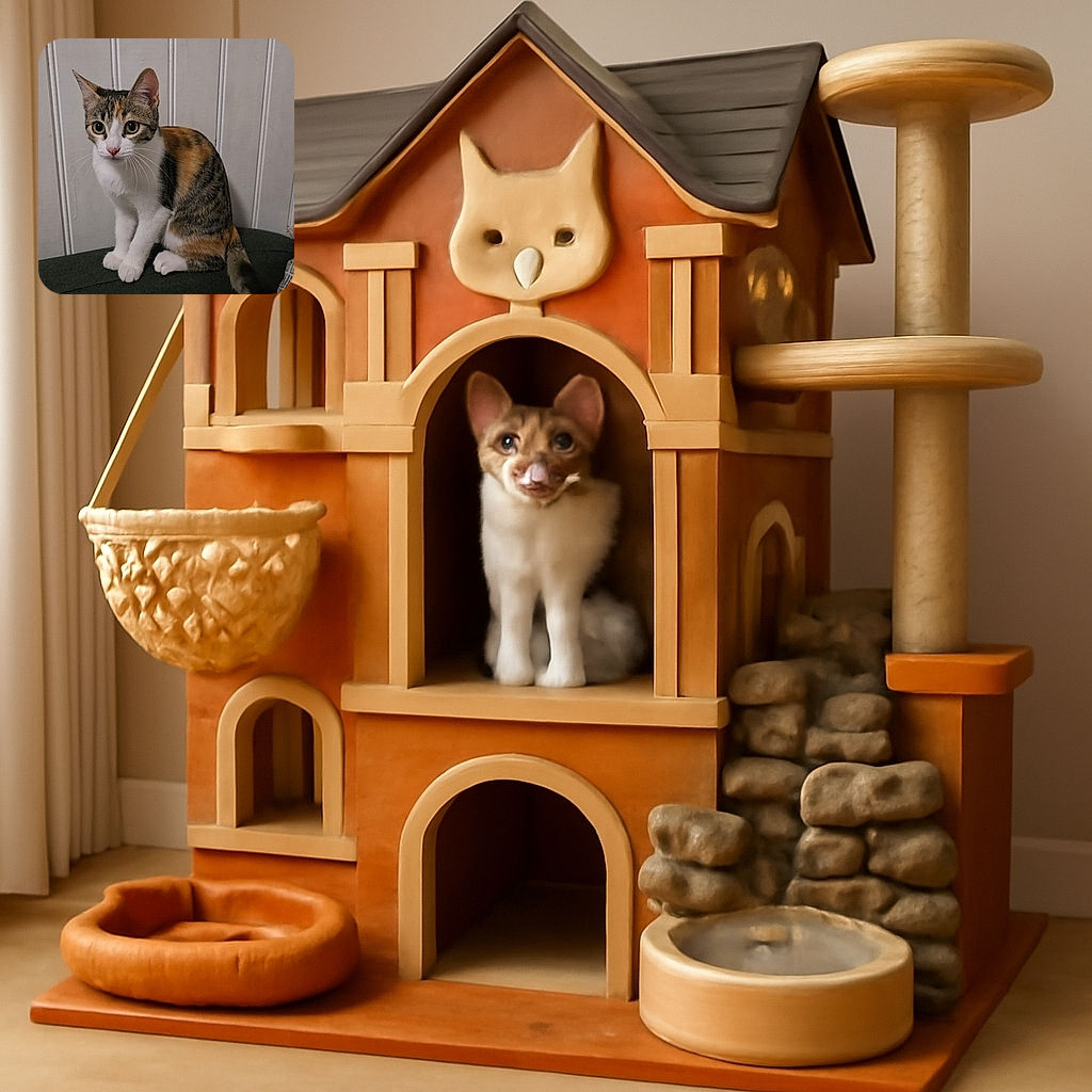 A curious calico cat with big round eyes sits attentively on a dark surface against a plain white paneled wall, looking like it's ready to pounce on invisible prey or demand some treats.