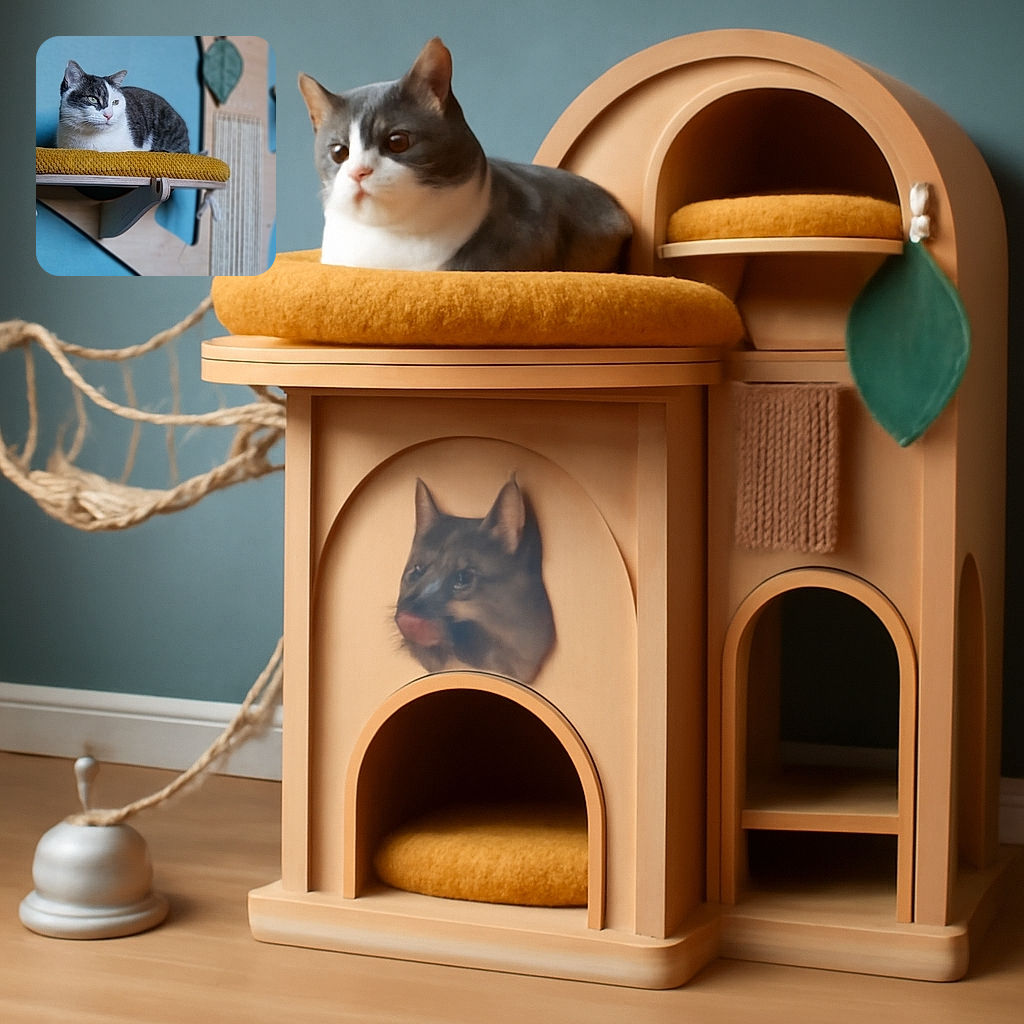 A cozy gray and white cat lounges comfortably on a mustard-yellow cushion perched on a wooden wall-mounted shelf. The background is a soothing blue wall with additional cat furniture and a textured scratching post, creating a serene and stylish kitty paradise.