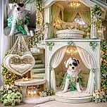 A fluffy white dog with a distinctive black patch over one eye is sitting adorably on a quilted couch, wearing a shiny green dress that looks like it belongs to a fairy tale. The pup gazes curiously at the camera, adding a touch of charm to the cozy indoor setting.