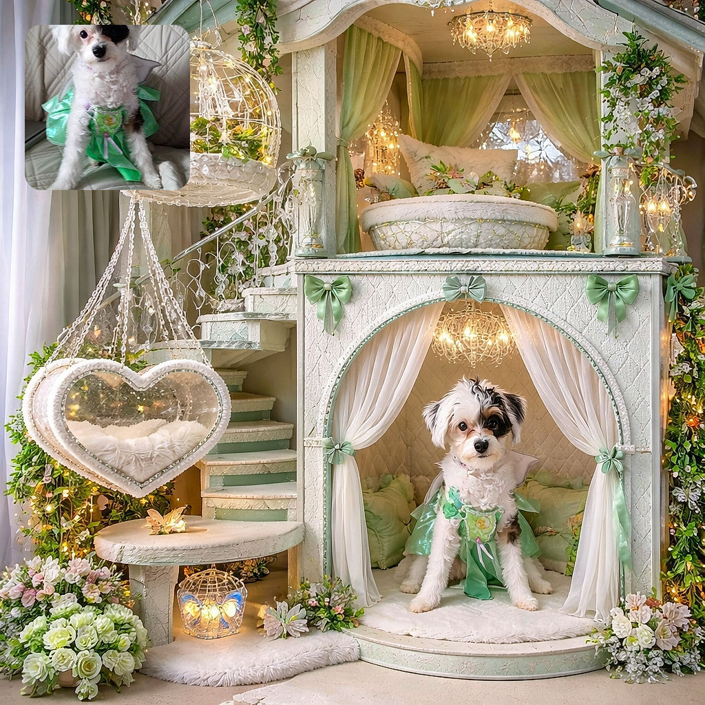 A fluffy white dog with a distinctive black patch over one eye is sitting adorably on a quilted couch, wearing a shiny green dress that looks like it belongs to a fairy tale. The pup gazes curiously at the camera, adding a touch of charm to the cozy indoor setting.
