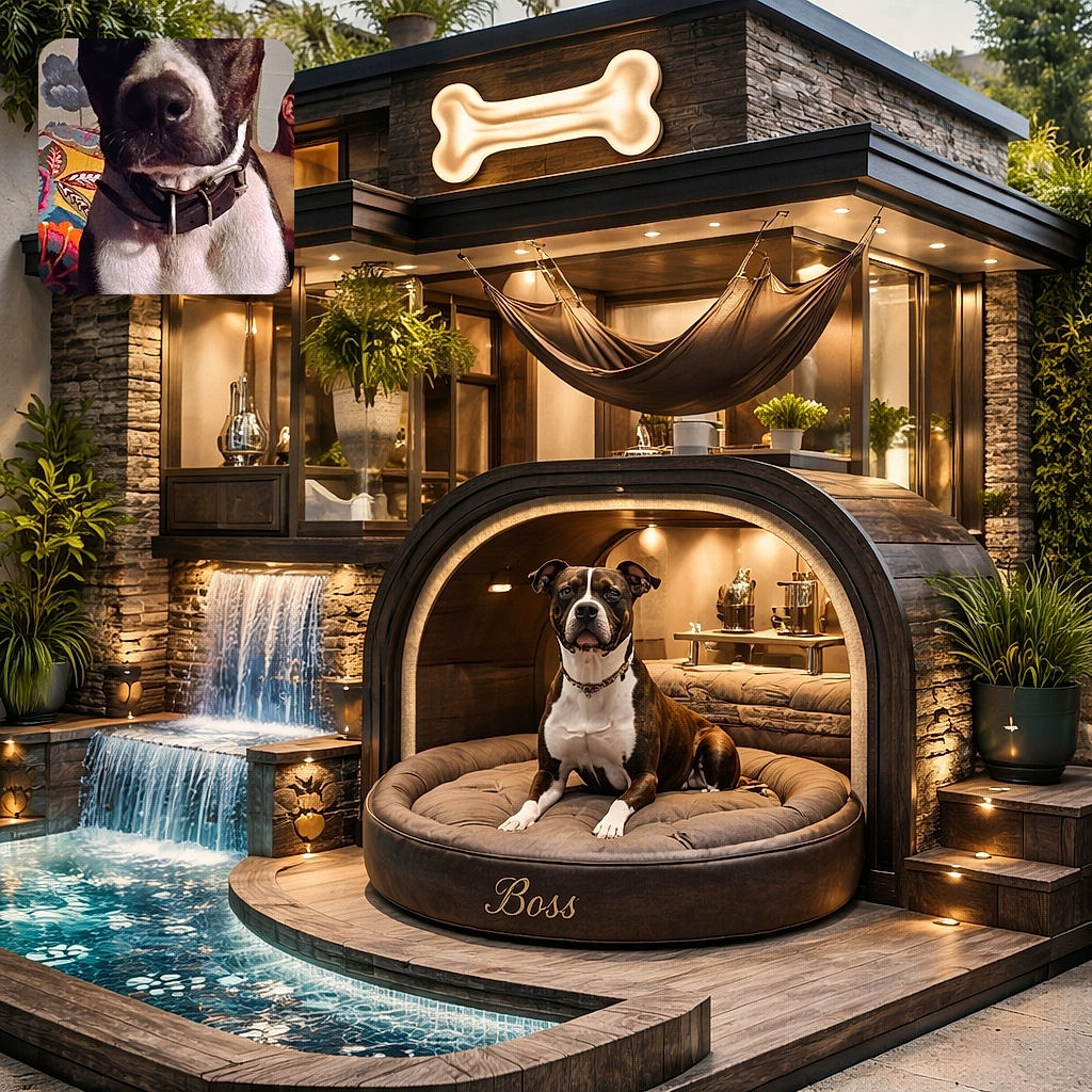 A nosy dog dominates the frame with a dramatic close-up snout and soulful eyes, sporting a chunky collar while a person peeks from the right and a bright, patterned pillow provides a colorful backdrop.