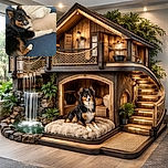 A fluffy, tri-colored dog lounges comfortably on a blue couch, surrounded by soft beige and cream pillows, gazing curiously off-camera with a serene and cozy vibe.
