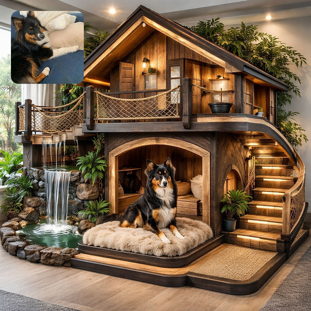 A fluffy, tri-colored dog lounges comfortably on a blue couch, surrounded by soft beige and cream pillows, gazing curiously off-camera with a serene and cozy vibe.