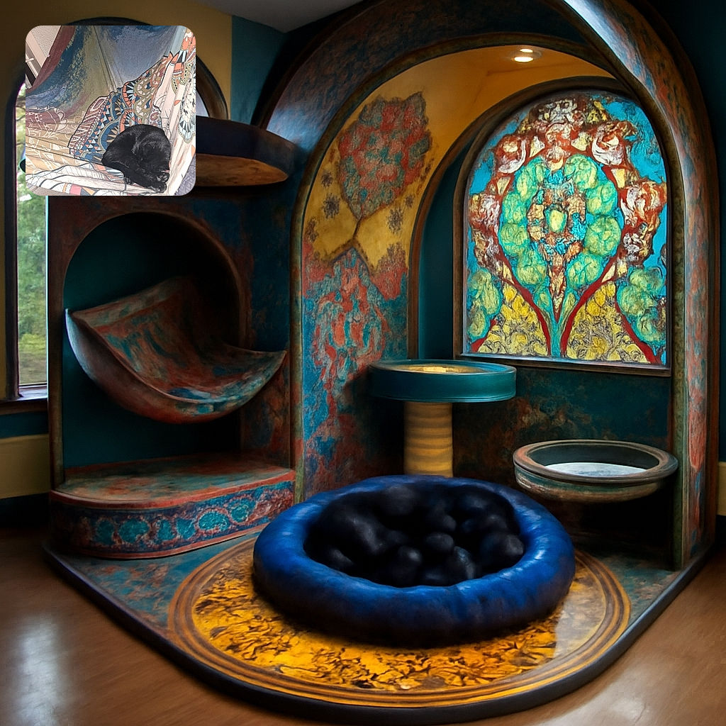 A cozy black cat is curled up and sleeping soundly on a colorful patterned hammock indoors, with a window and some household items in the background. The photo captures a peaceful moment of feline relaxation.